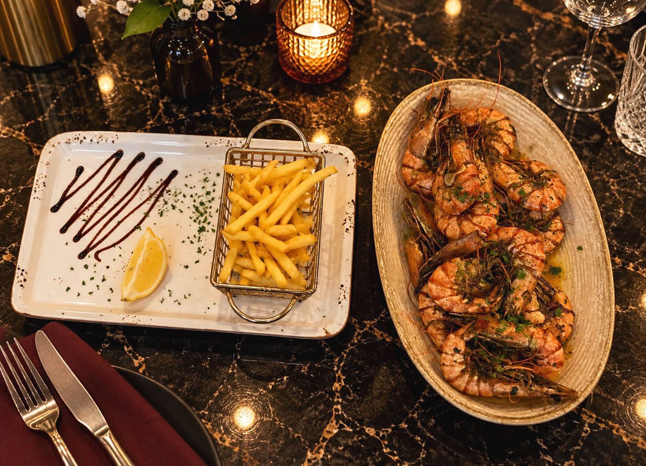 Gambas à l’ail et frites
